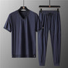 Summer Ice Silk V-neck Short-sleeved T-shirt Large Size Sports Suit Men