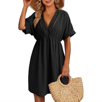 Women's Swimsuit Blouse Hollow Out V-neck Short Sleeve Dress