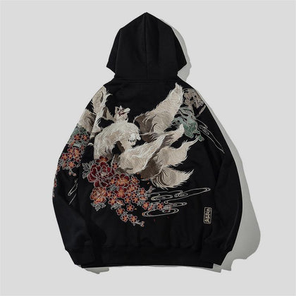 Nine Tail Fox Embroidered Hoodie Japanese Style Youth Men's Top