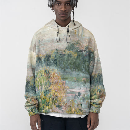 Impressionist Landscape Oil Painting Retro Printed Drawstring Hoodie