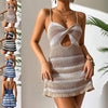 Women Knitted Spaghetti Strap Dress Summer Stripes Twisted Crochet Cutout Party Mini Dress For Beach Cocktail Nightclub
