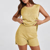 2pcs Women's  Knitting Suit Summer Loose Round Neck Split Vest Top And Shorts Beach Clothing