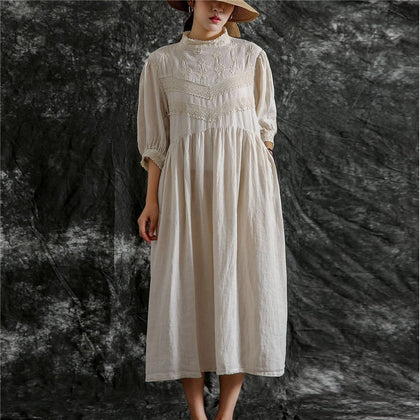 Johnature 2023 New Vintage Cotton Linen Embroidery Loose Solid Color Women Dresses Summer 3 Colors Lace Button Dress