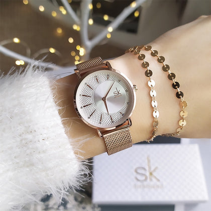 Shengke New Creative Women Watches Luxury Rosegold Quartz Ladies Watches Relogio Feminino Mesh Band Wristwatches Reloj Mujer