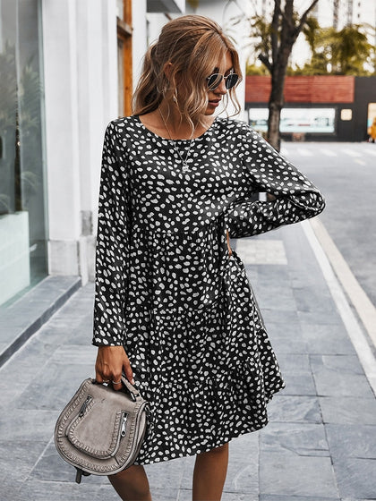 Msfilia Autumn Winter Print Dress Women Casual Button A Line Loose Knee Length Dress