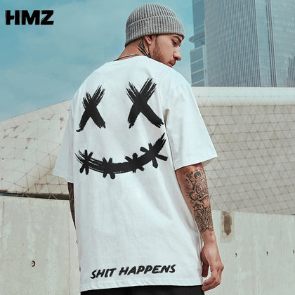 HMZ 2022 T Shirt Streetwear Men Oversize Hip Hop T-Shirt Smile Print Harajuku Tshirt Summer Short Sleeve Cotton Loose Tops Tees